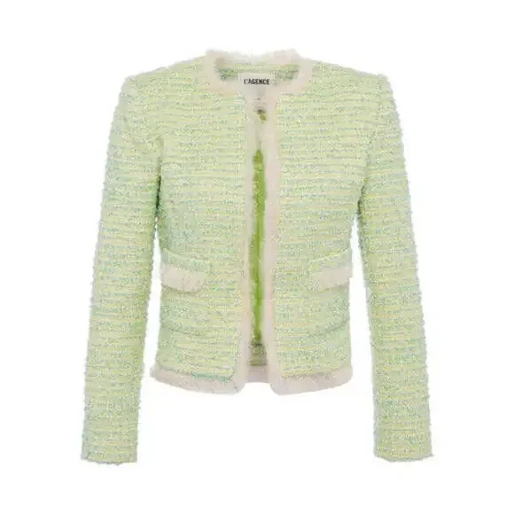 NEW, L'AGENCE Angelina Tweed Jacket In Light Green Multi SZ 14 #SJ1423
